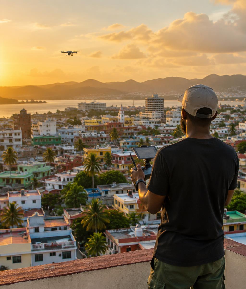 Sky Robotics pilot flying a drone over a Caribbean city